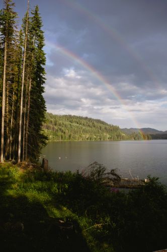 Double rainbow at lake